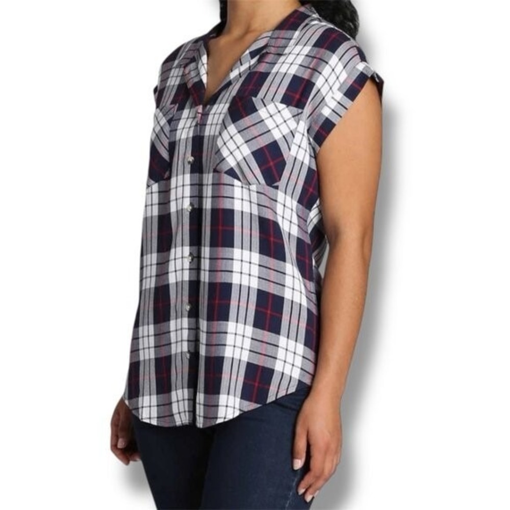 Jachs Girlfriend Soft Flannel Navy Plaid Western Boho Short Sleeve Shirt Women M